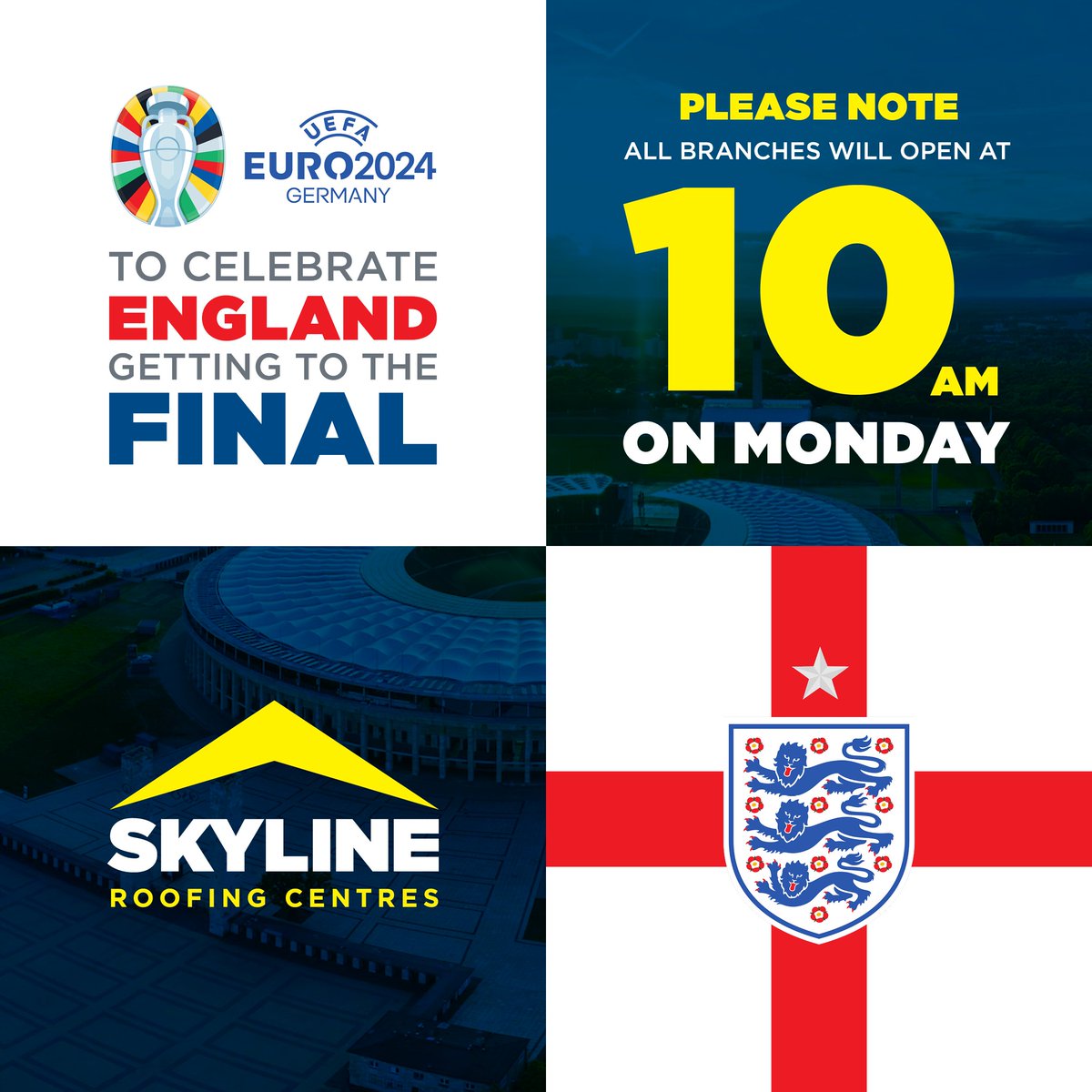 Come on England! 🏴󠁧󠁢󠁥󠁮󠁧󠁿

Please note all branches will open at the later time of 10am on Monday. Thanks for your understanding.

#construction #sheeting #pitchedroof #flatroofer #gutterrepairs #epdm #builder #agriculturalroofing