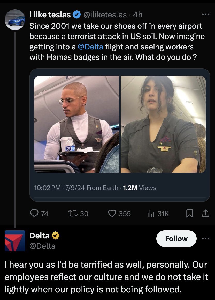 Nabilah_Parkes's tweet photo. .@Delta this response was wildly insensitive and wrong. This is the Palestinian flag not a Hamas badge. As a global company headquartered in Atlanta, we expect you to know better. I understand the tweet was deleted however this is not enough and a statement should be issued recognizing the company’s mistake.