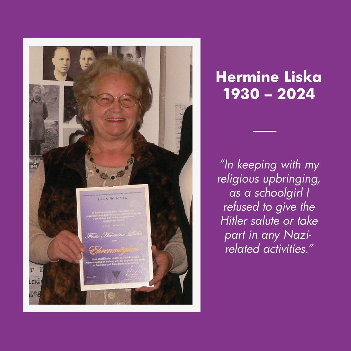 Hermine Liska died on 1 July 2024, at the age of 95. She was one of the last surviving Jehovah’s Witnesses persecuted under the Nazi regime. 
🕯️In Memoriam Hermine Liska: nationalfonds.org/announcement/i…