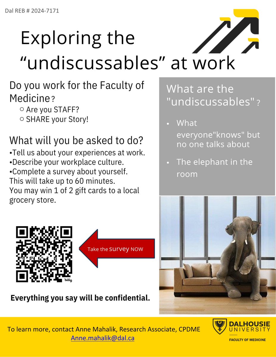 Join a study by Dalhousie University's Faculty of Medicine. Share your workplace experiences, especially the 'undiscussable' aspects. Participation is confidential. Enter a draw for a $50 grocery gift card.  Fill out the consent form using the QR code to participate.