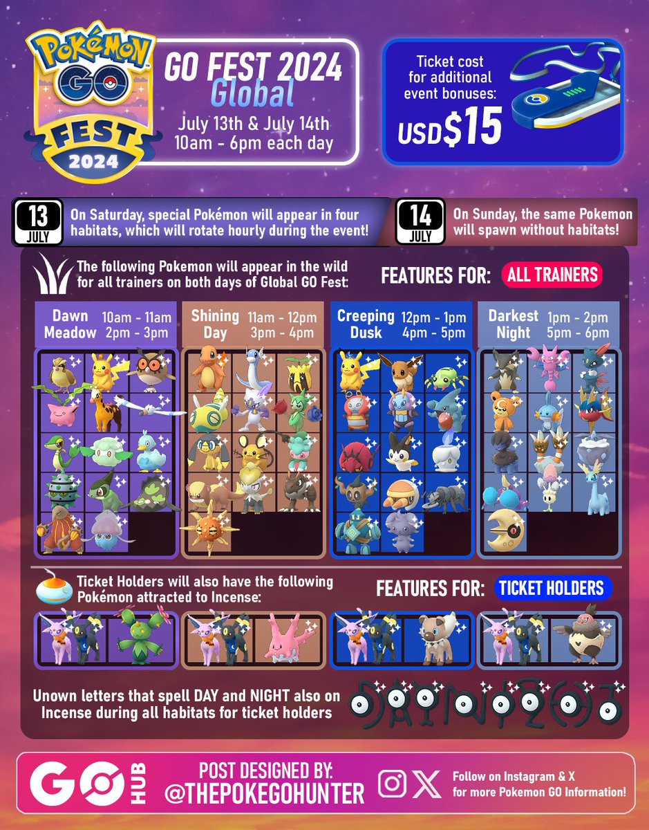 thepokegohunter's tweet photo. GO Fest 2024 is on this weekend from 10am - 6pm each day featuring Shiny Jangmo-o, Necrozma and Marshadow! #PokemonGO ✨👀

Although most features are available without a ticket, purchasing one provides additional researches, incense, bonuses &amp; higher shiny rates. 🎟️🔒 https://t.co/oVepANdNgr