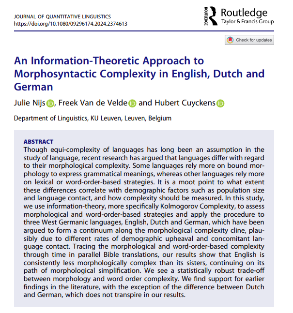 Recommended swimming pool-side reading on your Summer holiday: our new paper on Kolmogorov Complexity, detecting diachronic trends in morphological and syntactic complexity in the West Germanic language