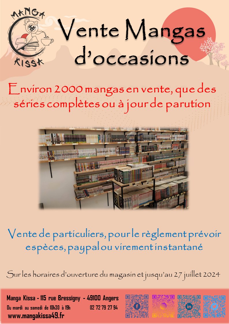 MangaKissa49's tweet photo. ✨Vente mangas occasion✨
Suite à l'annonce de ma fermeture, j'ai décidé de vendre une partie de ma collection personnelle.
Venez retrouver plus de 2000 mangas d'occasion en vente😎

#mangakissa #restaurant #cafemanga #epiceriefine #manga #figurine #atelier #angers #mangaoccasion https://t.co/l3wvusALDu