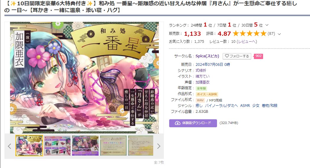 ＼🎉㊗️1000DL㊗️🎉／

『和み処 一番星～距離感の近い甘えん坊な仲居『月さん』が一生懸命ご奉仕する癒しの 一日～』（CV.#加隈亜衣）

1000DLを突破しました✨
たくさんの方にお手に取っていただきありがとうございますm(__)m

✅販売ページはこちら
dlsite.com/home/work/=/pr…