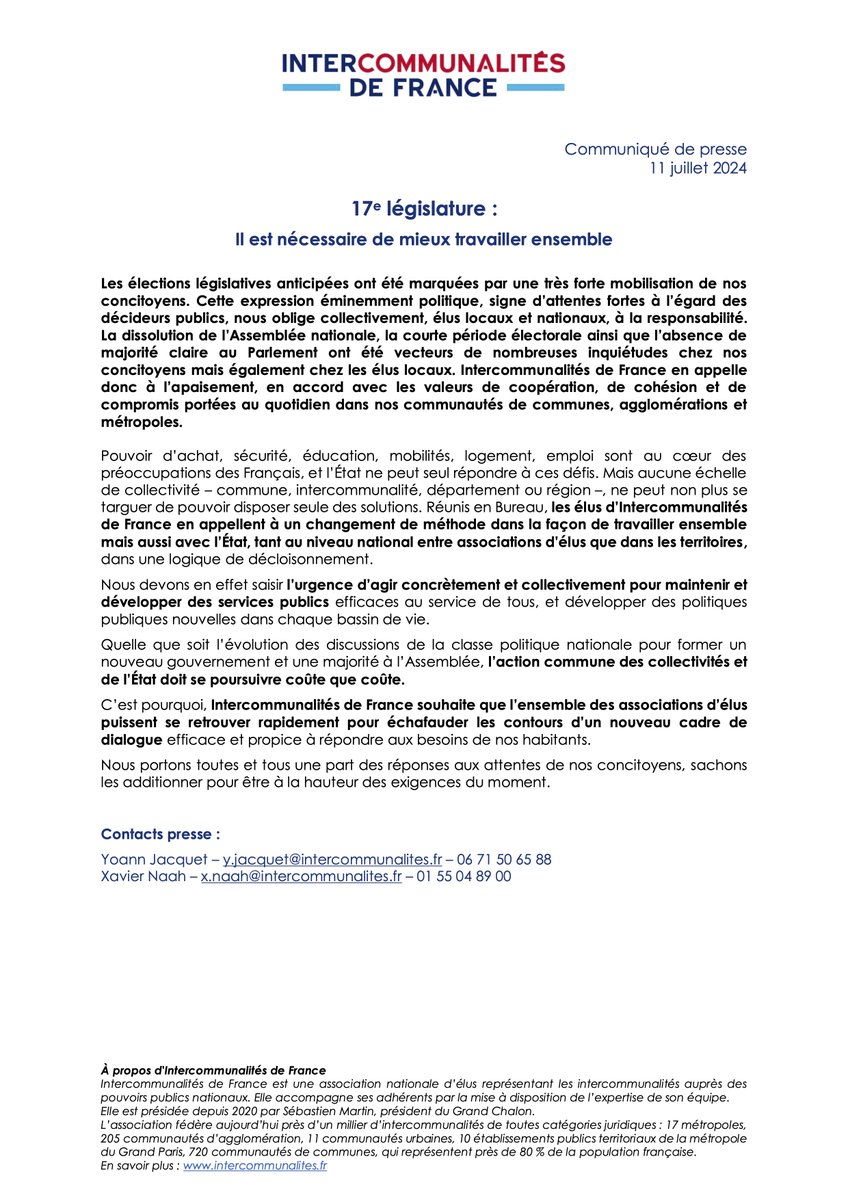 IntercoDeFrance's tweet photo. 📣 [Communiqué] 17e législature : il est nécessaire de mieux travailler ensemble

👉 Intercommunalités de France souhaite que l’ensemble des associations d’élus puissent se retrouver rapidement

🔗 https://t.co/RBTGKciC0d https://t.co/n9JcGl1PGT