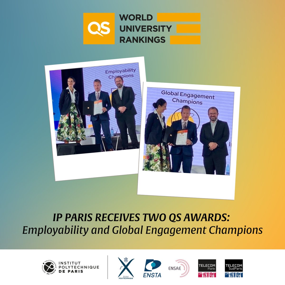 [#IPParisAwards from #QSWUR] - Institut Polytechnique de Paris (IP Paris) was awarded both the QS Employability Champions Recognition Award and the QS Award for Excellence in Global Engagement at the recent QS Higher Ed Summit Europe held in Barcelona from July 10th to 12th,