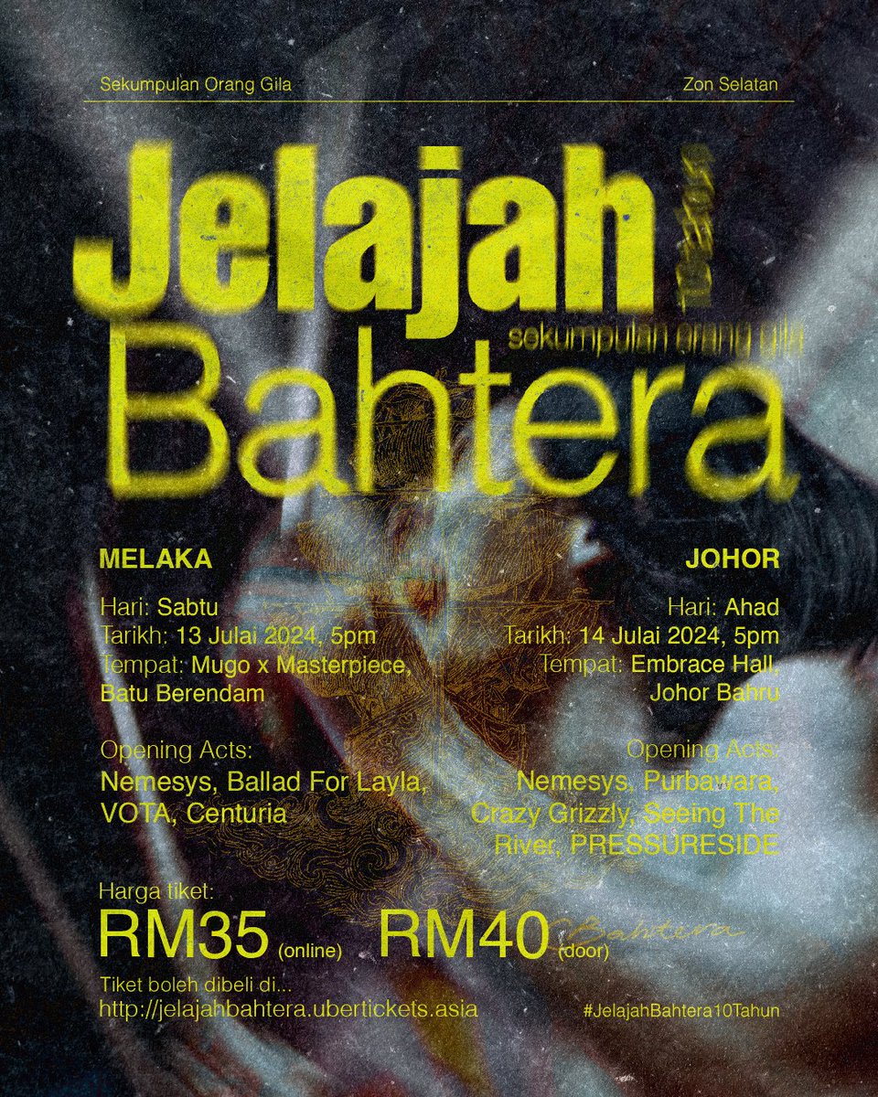 weareSOG's tweet photo. Hujung minggu ni di Melaka dan Johor! Kitorang akan perform 17 buah lagu woi! Siap sedia hafal album Bahtera and jom sing along sama-sama nanti!
Tiket RM35 je. Boleh beli dekat door sekali
Jumpa sana!
#JelajahBahtera10Tahun
#Bahtera10Tahun #Bahtera
#sekumpulanoranggila https://t.co/12UDqHk8Hz