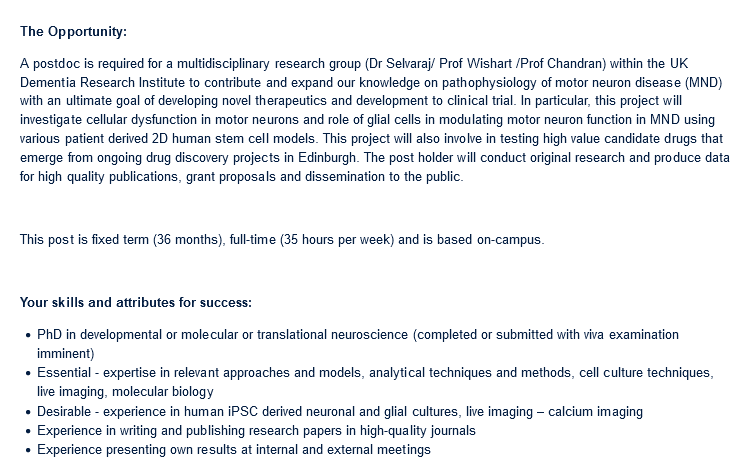 AnneRowlClinic's tweet photo. 📢 We're hiring! We are looking for a new #postdoc in @bhuvaneish lab to work on cutting-edge human stem cell models and drug discovery in #MND #ALS. 3 year post @ #EdinburghUni  as part of @UKDRI &amp; @EdinUniNeuro. 

More info: https://t.co/JO3ESPcitO

Closing 24-Jul. https://t.co/CIS1qPMZsa