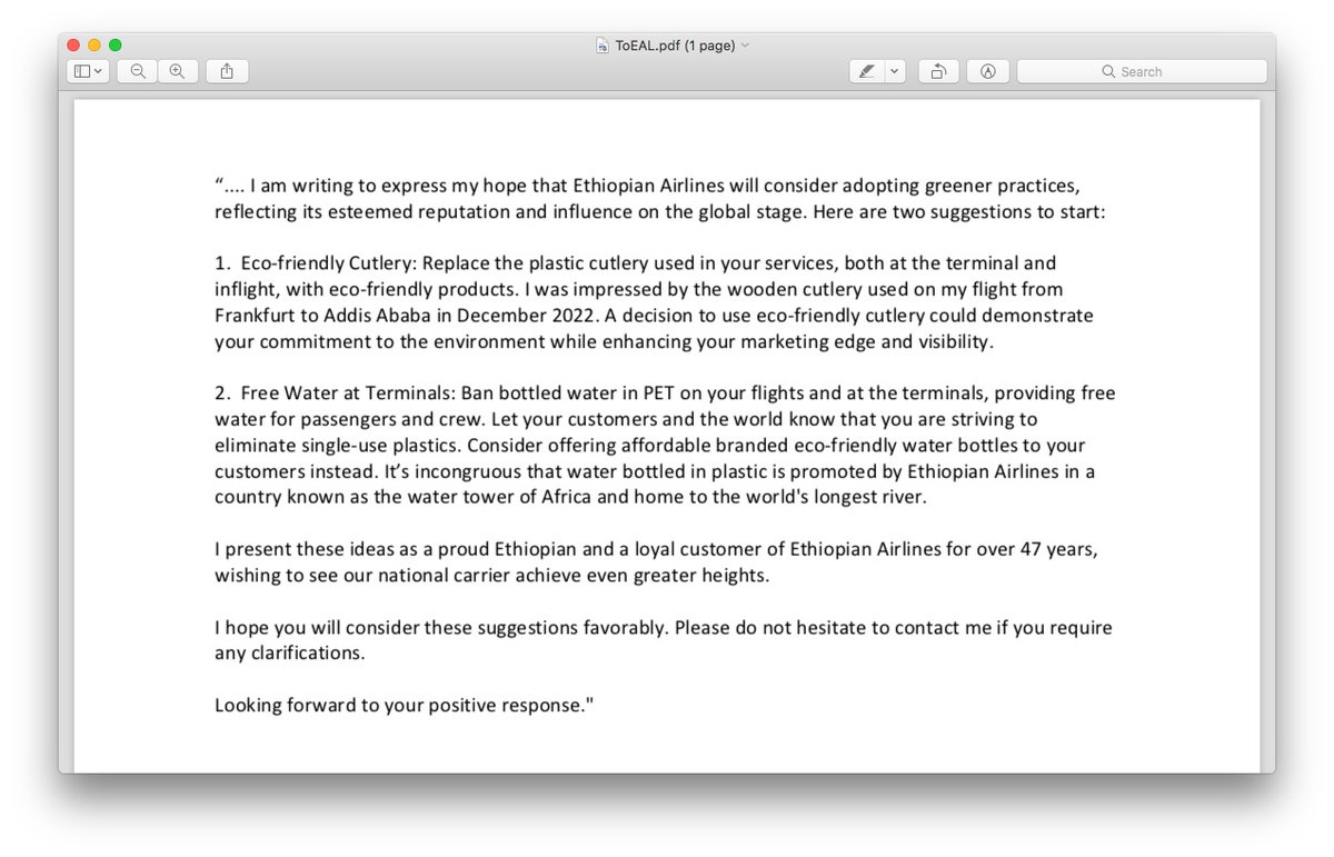 After giving him a brief background about #Plogging-Ethiopia (lnkd.in/gTfuwvhg) and myself, I wrote the following a week ago in a personal letter to the CEO of <a href="/flyethiopian/">Ethiopian Airlines</a>.
 
What do you think of these suggestions?