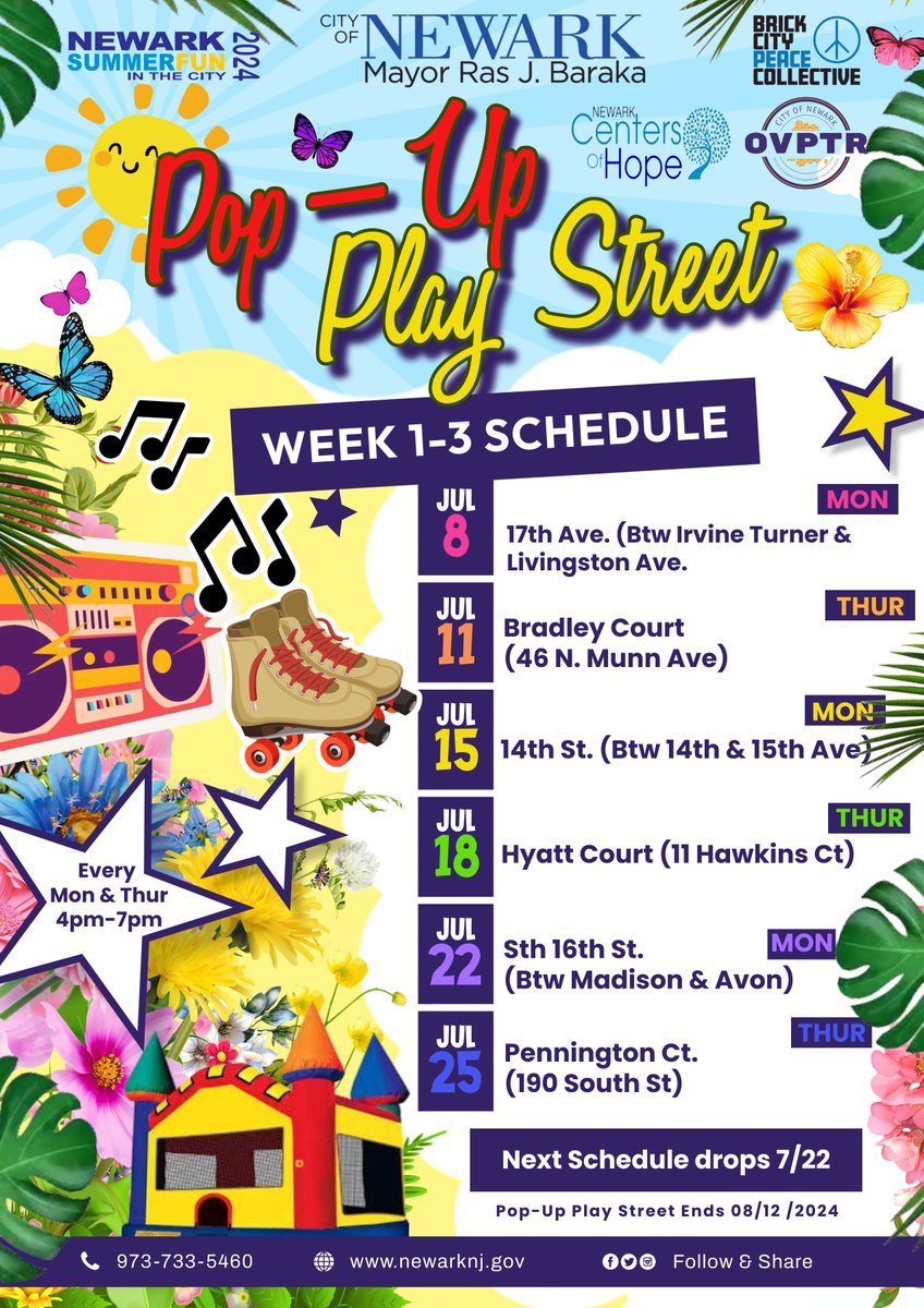 POP-Up Play Street Schedule 
#OVPTR #BCPC #publicsafety #newarkforward #OVP_TR #cityofnewark