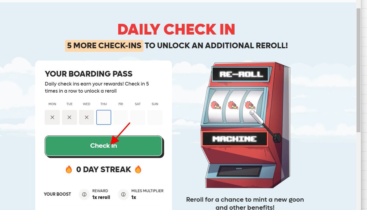 <a href="/plumenetwork/">Plume</a> 3/ Daily Check-In +5,000 MILES 

⇢ miles.plumenetwork.xyz/daily-checkin

• Hằng ngày chúng ta nhớ check-in đầy đủ để nhận 5,000 điểm MILES

• Khi bạn check-in đầy đủ 5 ngày liên tiếp sẽ được 1 lần quay thưởng (roll) phía tay phải.

Đây là cơ hội để nhận thêm nhiều MILES
