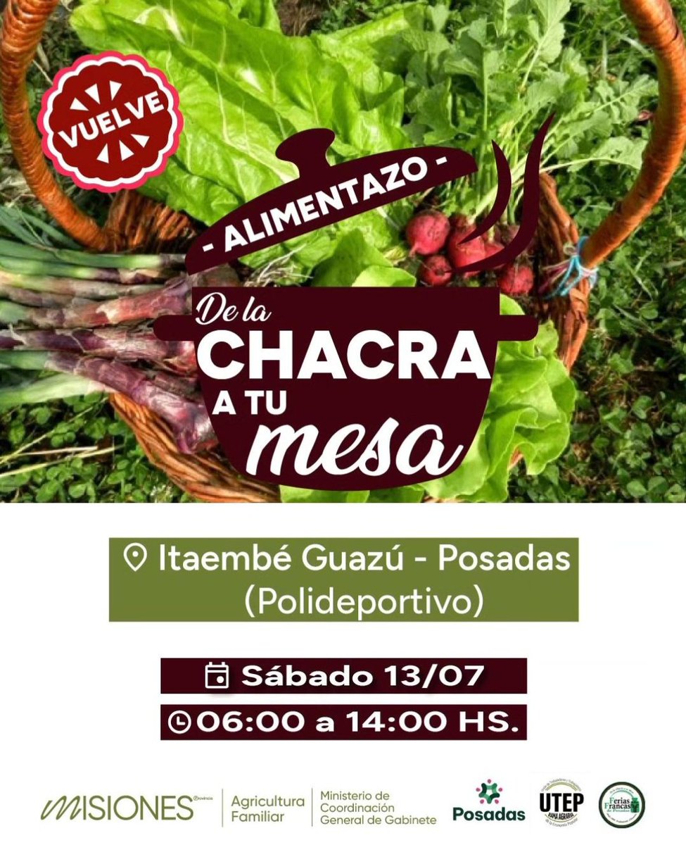 Vuelve el Alimentazo!
De la chacra a tu mesa 

 Este sábado 13 de julio, de 6 a 14 h., en el Polideportivo de Itaembé Guazú, vuelve el evento que convoca a productores y emprendedores de nuestra tierra.
Allí, se exhibirán para la venta productos de variados rubros.
Acercate!