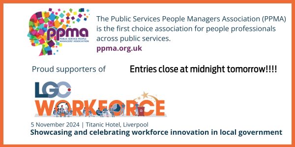 Entries for the LGC Workforce Awards close at midnight tomorrow!

**Don't miss out on the opportunity to highlight the innovative workforce projects within your council ** 
 
View categories here bit.ly/3PZdAUi 

#Localgov #Localgovernment #LGA #PPMA #Localgovworkforce