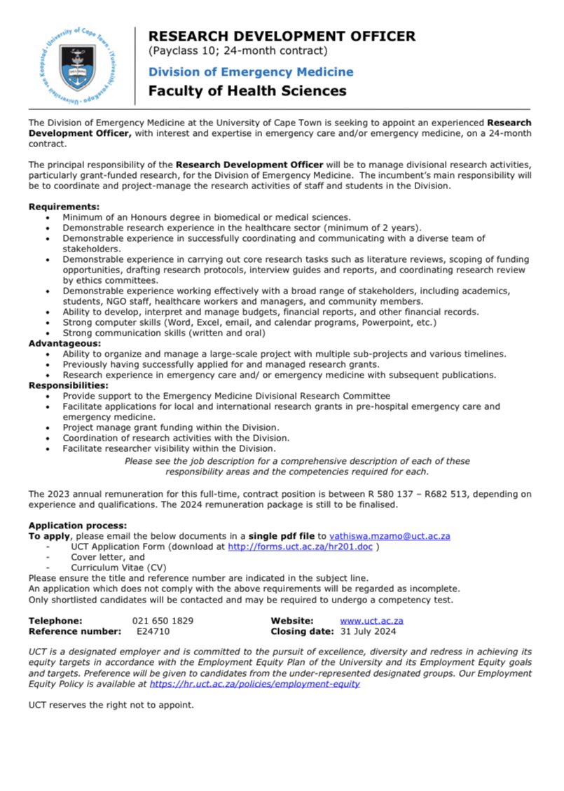 Excellent opportunity at the Division of Emergency Medicine at UCT: