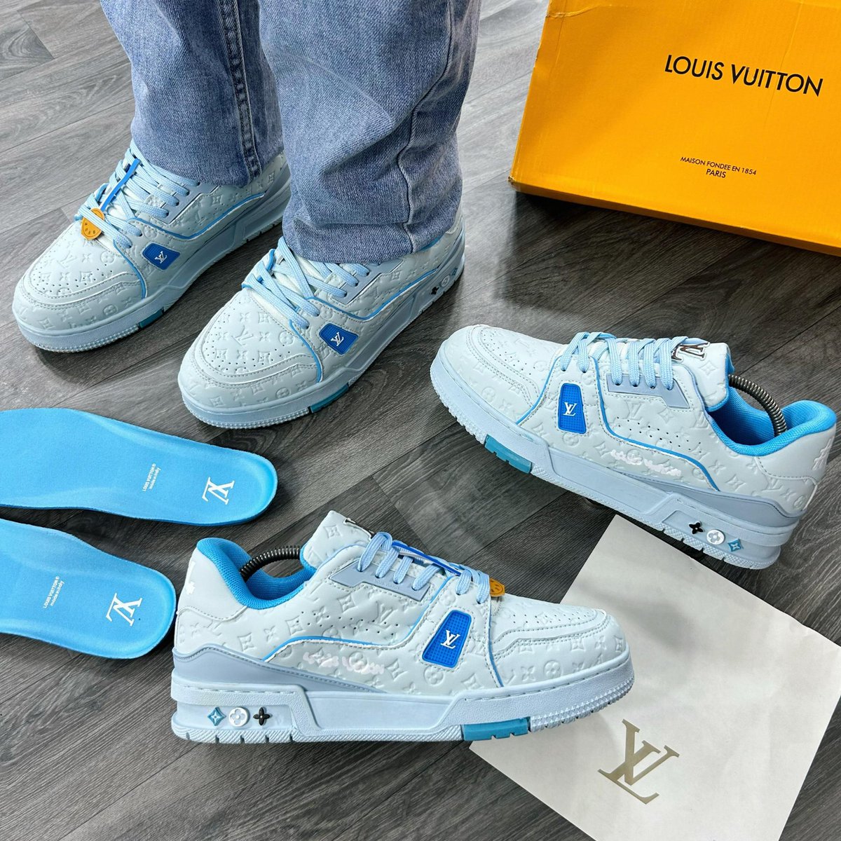 37billionn's tweet photo. ✅✅✅ 

🔊🔊NEW LOUIS VUITTON LV TRAINER SNEAKERS “BLUE AND GREEN SNKS”•

👟 👟👟(40) – (46)

PRICE:85k https://t.co/b3UPZ5iEeH