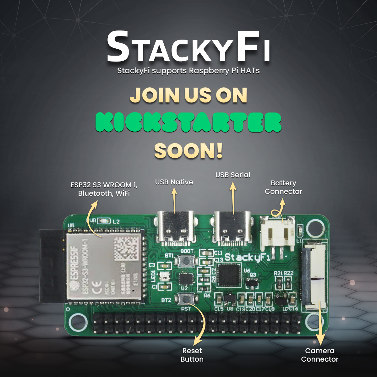 sb_components's tweet photo. 👉Coming Soon!
#StackyFi powered By #ESP32 S3 WROOM 1, StackyFi supports @Raspberry_Pi HATs, boasts Bluetooth® 5 and is programmable with @arduino IDE, #MicroPython, and #CircuitPython. Perfect for #IoT, #robotics, and more! 
Join us on @Kickstarter soon! https://t.co/rk9PYufKso https://t.co/BiSaq6kuSr