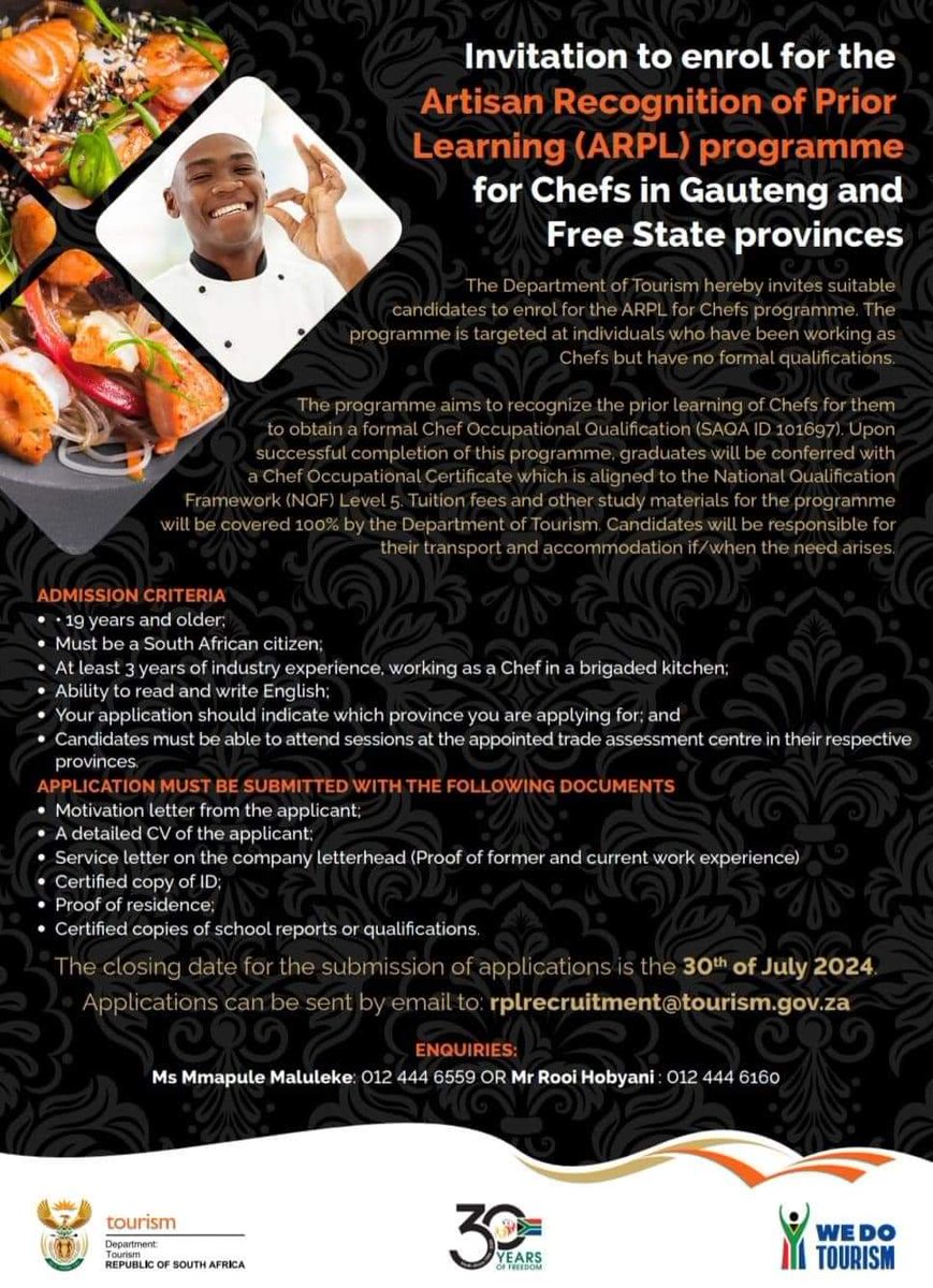 appetd's tweet photo. Invitation to join the Department of Tourism's sponsored program to earn a full qualification as an Occupational Certificate: Chef.

@Tourism_gov_za https://t.co/OM8ZAtkTnh