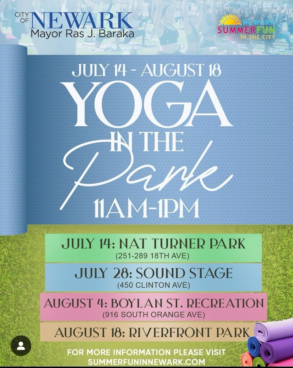 🧘‍♀️ Starting this week! Join us for Yoga in the Park with the City of Newark. Unwind and find your inner peace every Friday from July 14 to August 18 at various beautiful parks in Newark! 🌳✨🧘‍♂️

🕚 11 AM - 1 PM

 #NewarkEvents #SummerFunInTheCity #MindfulnessMatters #ovptr
