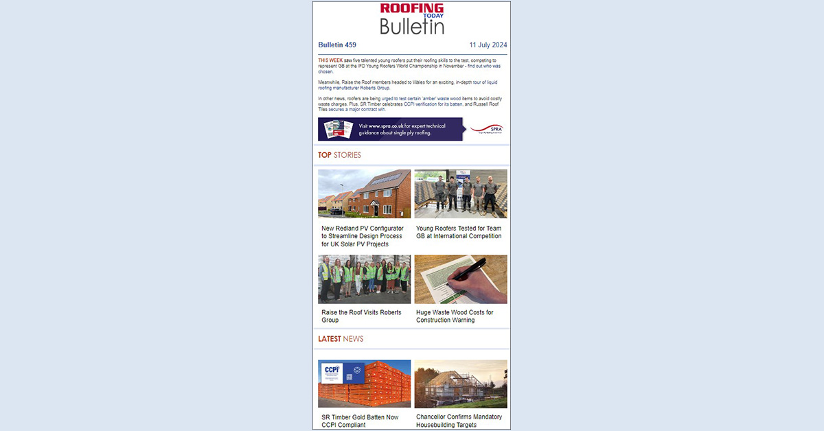 RoofingToday's tweet photo. ๐ข OUT NOW! ๐ฐ Bulletin 459: https://t.co/a3Os5o1EHb Young #roofers selected for #IFDWorldChampionship; #RaisetheRoof tours #RobertsGroup; @Woodrecyclers #wastewood warning; @SR_Timber_ #battens @CPICode approval; @RussellRoofTile contract win & more! ๐ #roofing https://t.co/Hr0hfdJxbh