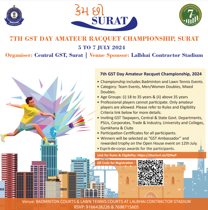 CgstSurat's tweet photo. Central GST Surat (Vadodara Zone, CBIC) organised #7th_GSTDay_AmateurRacquetChampionship_Surat in celebration of 7 years of introduction of GST. 

 To promote Outreach and Synergy between GST department & Taxpayers-Citizens, Badminton and Lawn Tennis Championship were organised at Lalbhai Contractor Stadium, Surat from 5th to 7th July, 2024.  

 The outreach event was energised by about 300 participation entries covering Amateur Racquet Players from Taxpayers, Trade & Industry, PSUs & Corporates, Students & Professors from the prestigious Sardar Vallabhbhai NIT Surat, Clubs & Gymkhanas in Surat, Youth & various Citizens from Surat City and Government Departments like Surat Police and Central GST (CBIC). Racquet Championship was also graced by active participation from Women of the Surat city. 

True example of Public Private co-operation. Lots of Work & Some Play.

@cgstvdrzone @cgstahmedzone @cbic_india @AhmedabadDgts @CP_SuratCity @sdcalalbhai @Media_SVNIT 

#sashaktvyaparsamagravikas #7yearsofgst