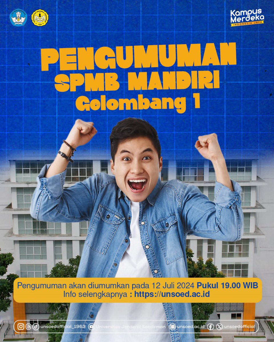 [Pengumuman SPMB Mandiri Unsoed 2024]

Haloo Calon Gensoed! 👋🏻

Minsoed bawa kabar baik nih, SPMB Mandiri Gelombang 1 akan diumumkan pada 12 Juli 2024 pukul 19.00 WIB. Tentunya pengumuman tersebut bisa kalian akses hanya di laman unsoed.ac.id 🤗