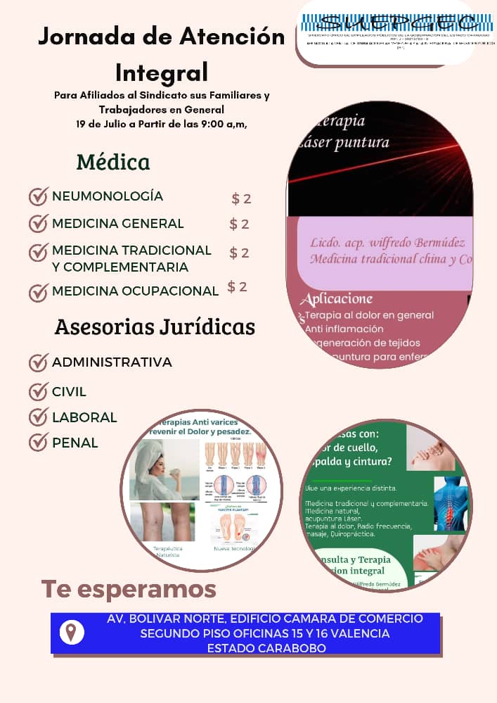 SUEPGEC, invita a todos los afiliados y sus familiares a esta Jornada de Atención Integral q se estará realizando a bajos costos q se estará realizando en las oficinas d nuestra Org. Sindical ubicada en la Cámara de Comercio, Piso 2, oficinas 15 y 16, el dia 19/07 a las 9:00 a.m.