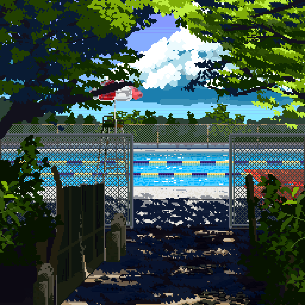 kroimmm's tweet photo. 田舎のプール
#ドット絵 #Pixelart #風景 #夏 #プール
子供の頃行った謎のプール、貸し切り状態で楽しかったです https://t.co/noUfDfudNI