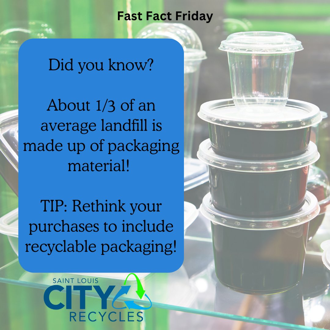 STLCityRecycles's tweet image. Rethink your purchases to help divert waste from the landfill.
Learn how to better your recycling habits here: STLCityRecycles.com/beyond-the-3-r…

#FastFactFriday #RethinkRefuse #STLCityRecycles #STLCity #STL