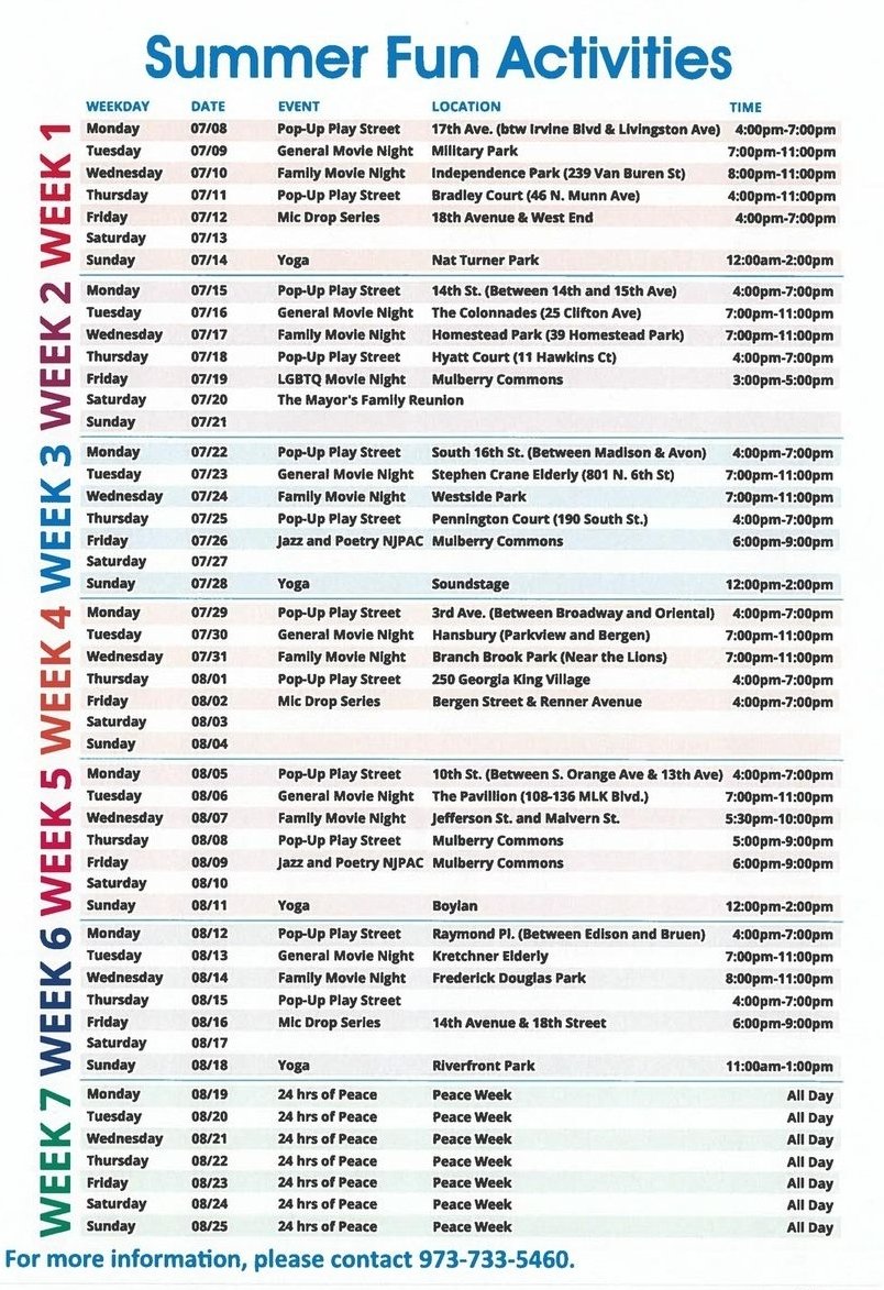 Join us for a fun-filled, safe summer in Newark! The Office of Violence Prevention and Trauma Recovery, in collaboration with the Department of Recreation, has planned some exciting activities to keep you entertained all summer long. Grab your Summer Fun Brochure.