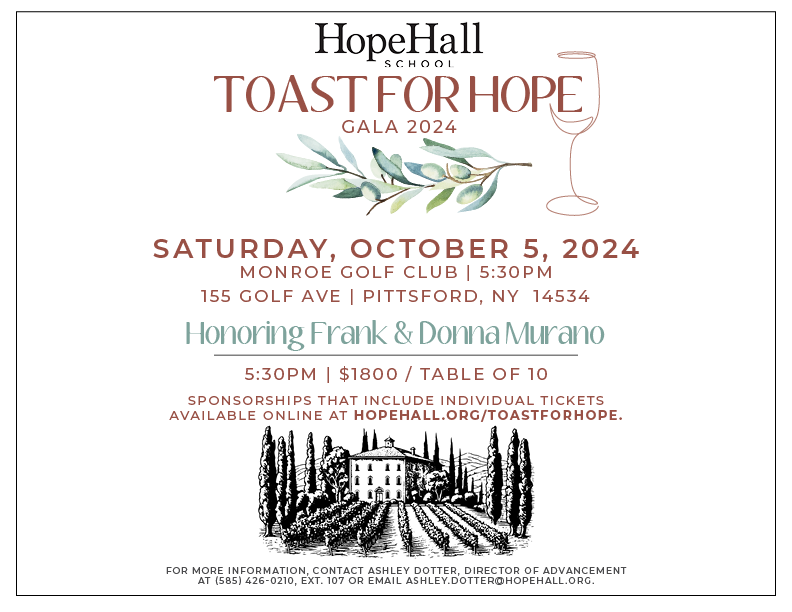 Our Toast for Hope Gala is happening October 5th as we honor Frank &amp; Donna Murano. We hope you will join us! Purchase a table of 10 or individual tickets are available through a sponsorship. Head to our website today to lock in your spot before we sell out! #hopehallschool