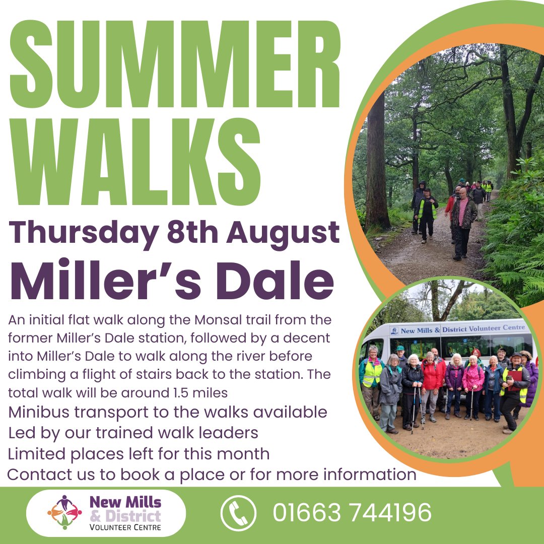 Our next walk in a series of monthly walks throughout the Summer, is taking place next Thursday!

On Thursday 8th August our walk leaders will be heading out to Miller's Dale. 
We've limited places so drop us a message or call us on 01663744196 to book a place or for more info.