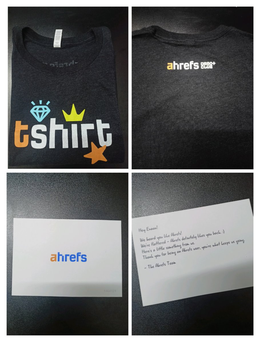 EnaanFarhan's tweet photo. Just received the #DR80+ Club t-shirt from @ahrefs! 🎉 Being recognized in this special way is such an honor. The t-shirt and heartfelt note mean a lot to me. Thank you, #Ahrefs, for this wonderful gesture! 🌟 Special thanks to @helen_stark271 for making it happen! ❤️ https://t.co/UgAWxYyCks
