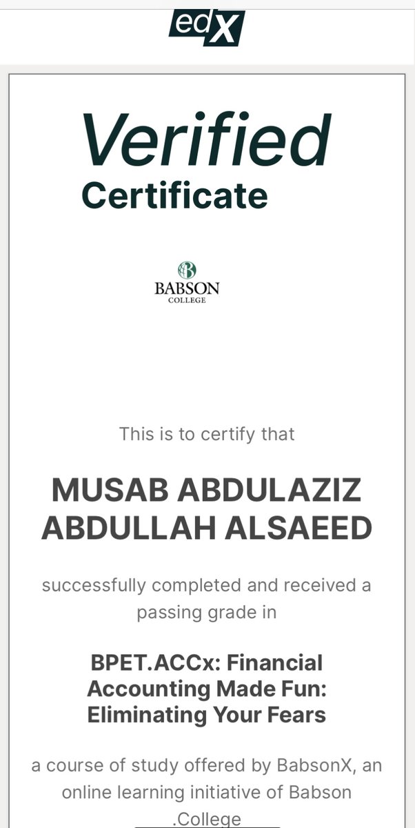 mussab75book's tweet photo. الحمد لله على التمام والتيسير 🤍
أكملت ولله الحمد مسار التحليل المالي ضمن البرامج التي قدمتها جامعة القصيم عبر منصة
FutureX  
ومنصة edx بالتعاون مع كلية BABSON
كانت ايام جميلة استفدنا منها كثيراً 🤍
شكرا جامعة القصيم على تقديم مثل هذه البرامج واتاحة الفرصة للطلاب للتطوير والتعلم https://t.co/MNOhYyImBk