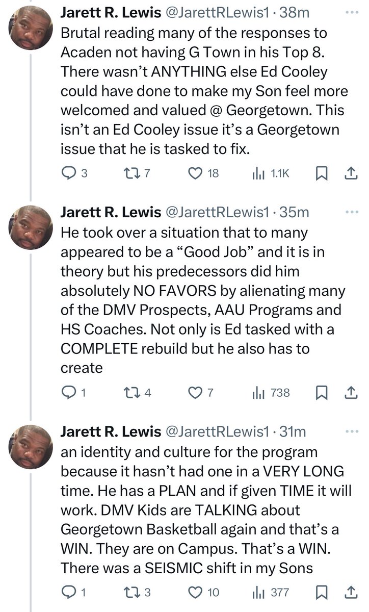 CasualHoya's tweet photo. Great stuff here from @JarettRLewis1, father of Top 40 Class of ‘25 recruit Acaden Lewis, who left Georgetown out of his top 8 list of schools yesterday. https://t.co/b0smED2ur2