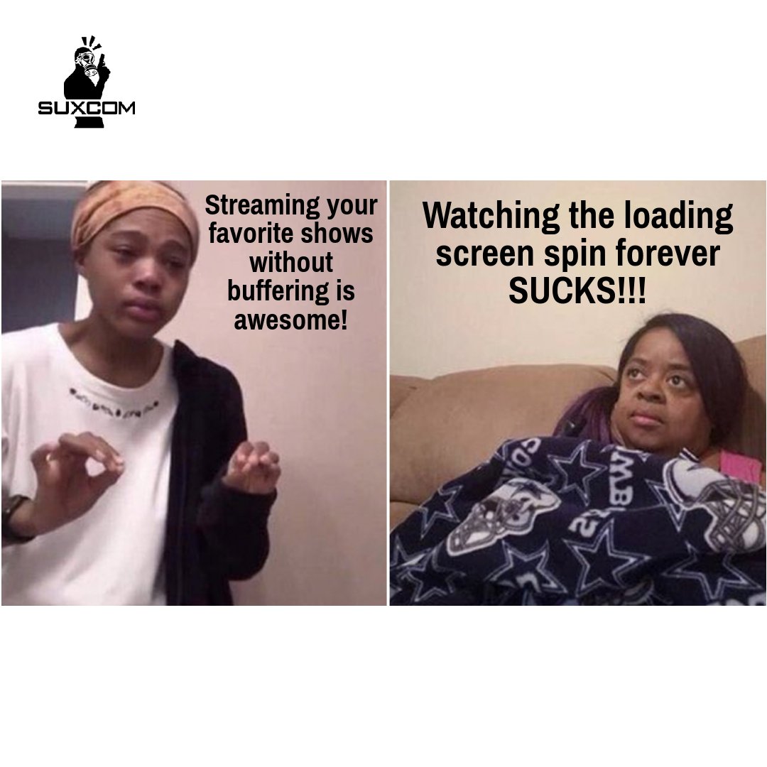 SUXCOM's tweet photo. Slow internet SUCKS!!! 😡 Ever tried to watch a movie and ended up staring at a buffering wheel instead? Or maybe you were gaming online, and your character froze mid-battle? Ugh, the frustration is real! We get it. That's why we believe in calling out everything that SUCKS!!! https://t.co/kvq7mt2xZ1