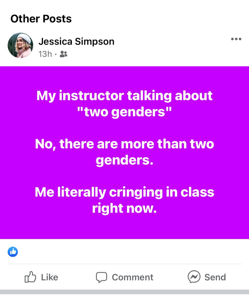 SFUJessica_Pglu's tweet image. Me cringing in class right now that "there are only two genders" lol.
NO PROFESSOR, THERE ARE MORE THAN TWO GENDERS. Whole world cringes at me talking the same old lines on all socials, class cringes at me the 37 year old creeping and talking tampons to teens in class.