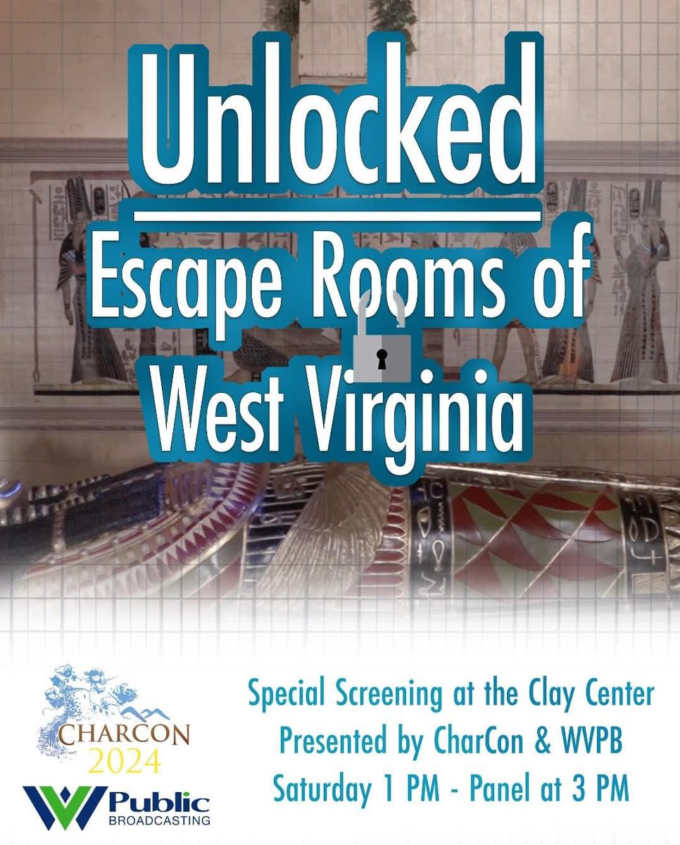 DaveTrippinWV's tweet photo. West Virginia Public Broadcasting @wvpublic is teaming up with CharCon for a screening of Unlocked: Escape Rooms of West Virginia at the Clay Center at 1 p.m. Saturday, July 13. A panel follows at 3 p.m. The screening is free to the public. #EscapeRooms #CharCon https://t.co/eiJxAgaDEM