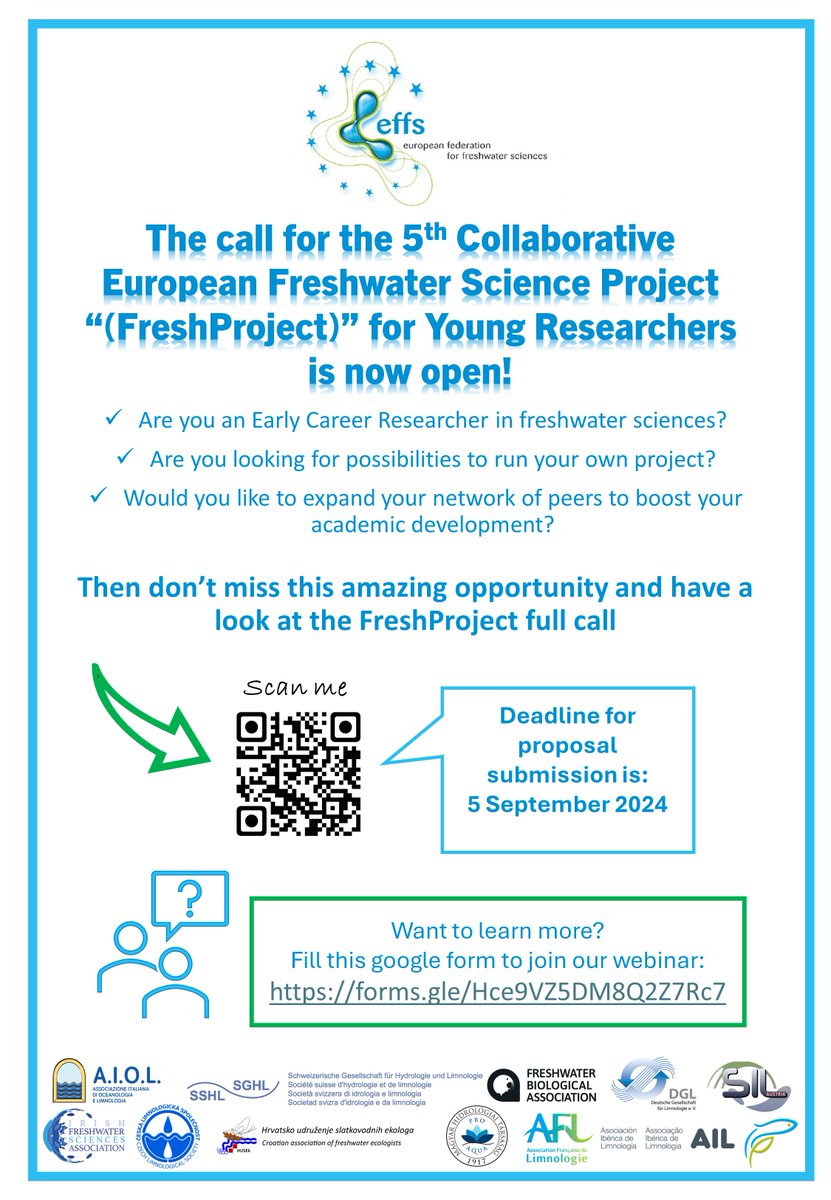 EFFS EFYR (@effs_efyr) on Twitter photo 💦The call for the 5th FreshProject, supported by 11 EFFS-federated limnological societies, is now open! We encourage early career researchers in Europe to develop their own scientific and collaborative project 💦
Subscribe to our orientation webinar 👇forms.gle/Hce9VZ5DM8Q2Z7… 💦The call for the 5th FreshProject, supported by 11 EFFS-federated limnological societies, is now open! We encourage early career researchers in Europe to develop their own scientific and collaborative project 💦
Subscribe to our orientation webinar 👇forms.gle/Hce9VZ5DM8Q2Z7…