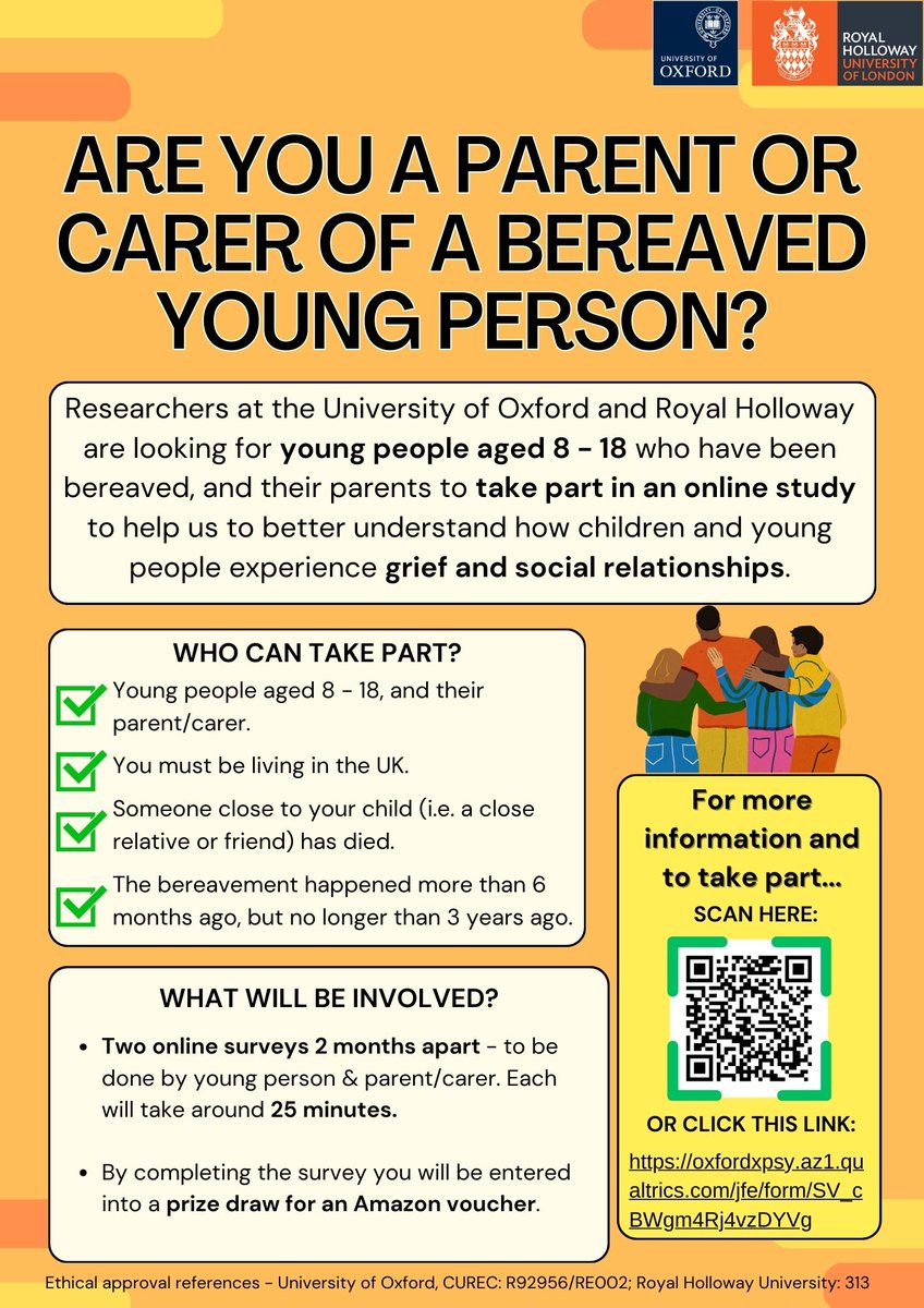 The Children & Young People Grief Study (@childgriefstudy) on Twitter photo Researchers at the University of Oxford and Royal Holloway are looking for young people who have been bereaved in the last 3 years, and their parents, to take part in an online study. We hope this will help us improve how we support bereaved young people.
oxfordxpsy.az1.qualtrics.com/jfe/form/SV_cB… Researchers at the University of Oxford and Royal Holloway are looking for young people who have been bereaved in the last 3 years, and their parents, to take part in an online study. We hope this will help us improve how we support bereaved young people.
oxfordxpsy.az1.qualtrics.com/jfe/form/SV_cB…