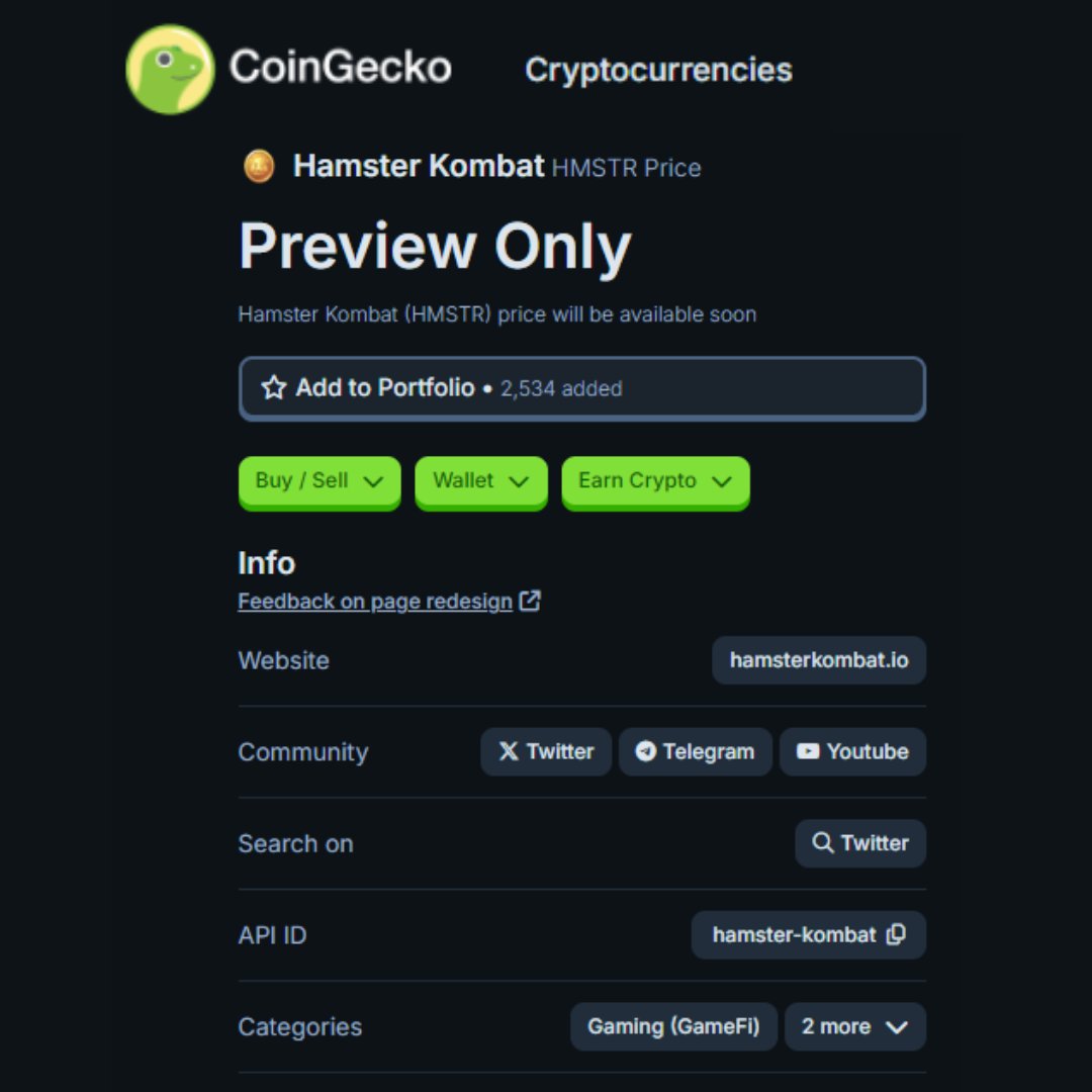 DNodeValidator's tweet image. #HamsterKombat token listed on CoinGecko 🐹