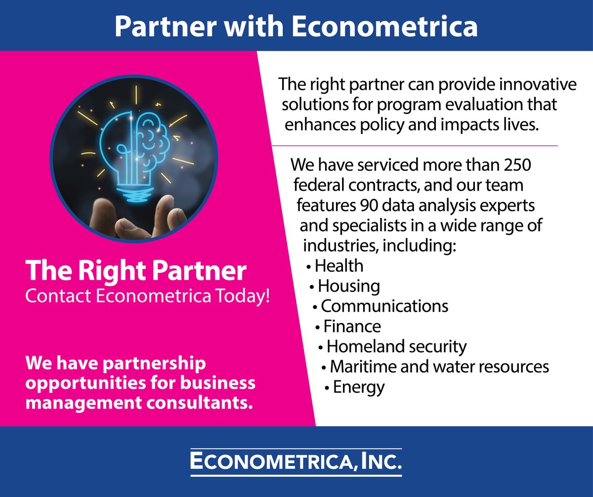 EconometricaMD's tweet image. As a large business management consultancy, your company may want a reliable small business partner to focus on a specialized industry sector. Econometrica is the right partner. ➡️ bit.ly/3WeLR5r #BusinessManagementConsultant #Econometrics #CMSContractor #Evaluation