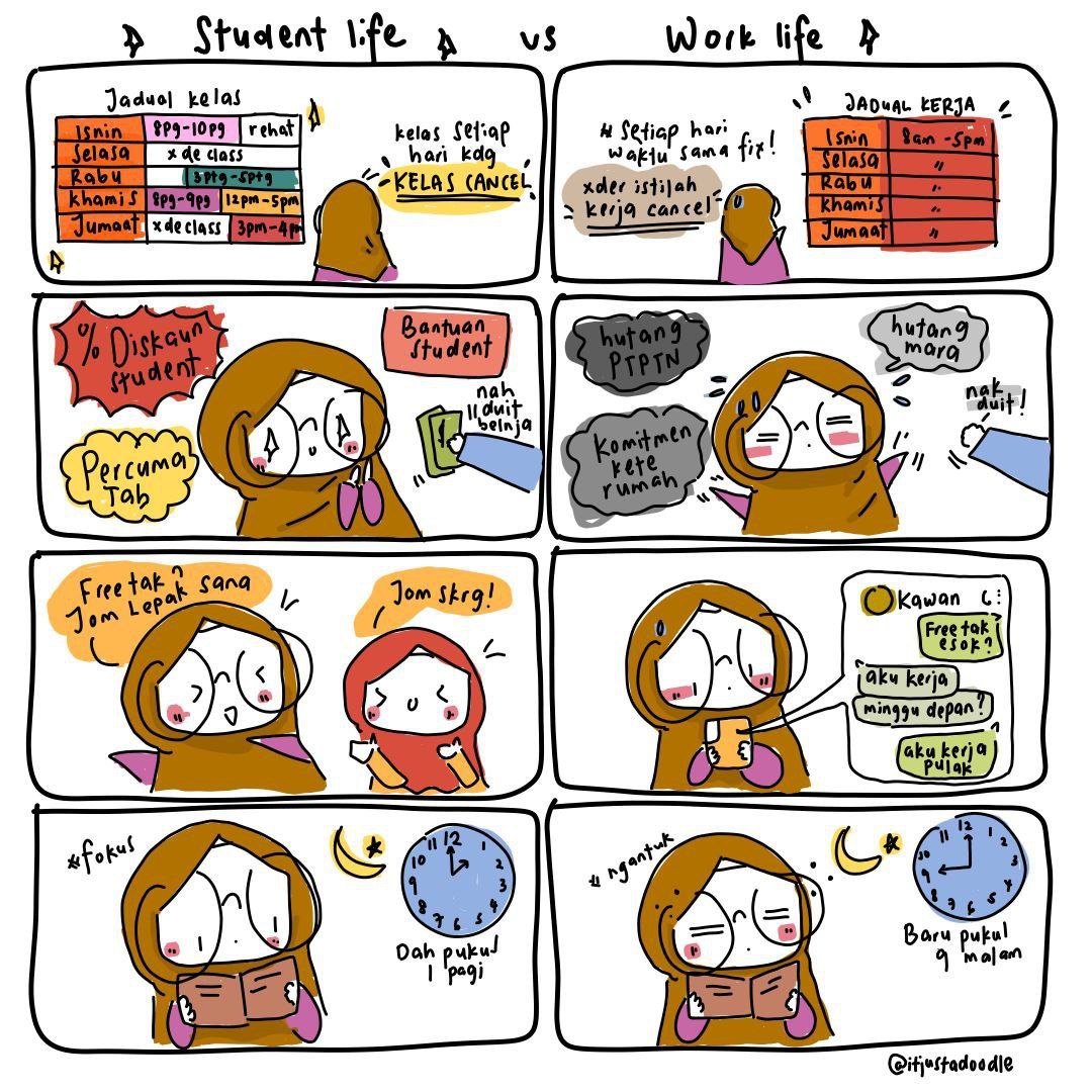 siswihood2425's tweet photo. 😎A Sneak Peek😎

Pernah ada bayangan tak macam mana hidup as a student berbeza dengan kehidupan orang bekerja?🤔 Meh kita layan sikit simple comic strip ni as overview 🤩✨

Ikuti perkongsian maklumat bersama SiswiHood untuk mengetahui lebih lanjut. https://t.co/H6eWah8zRK