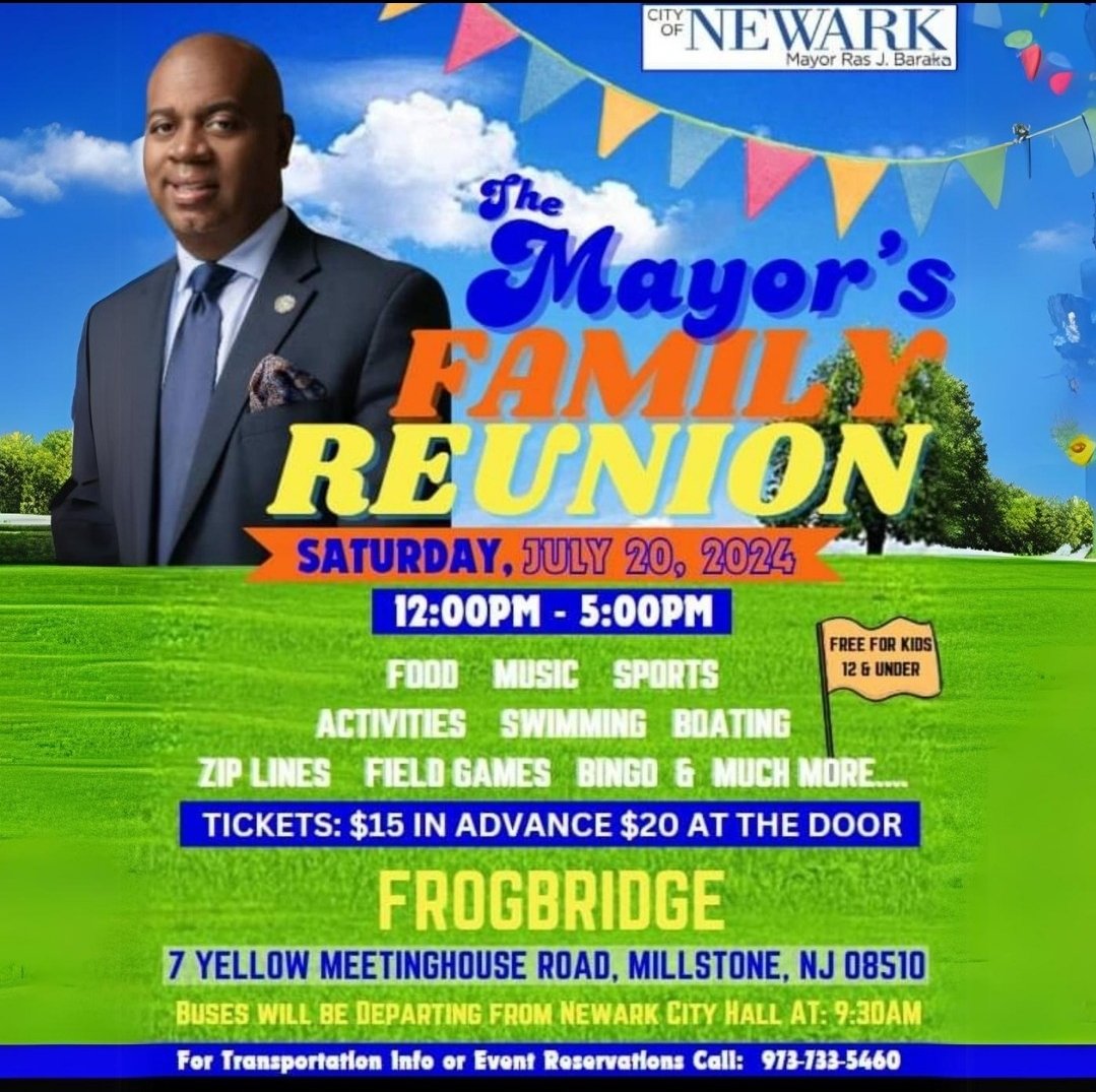 The Mayor's Family Reunion 
Saturday July 20,2024 | Frogbridge Millstone, NJ
.
Tickets are $15 in advance
$20 at the door
Children under 12 free
.
#OVPTR #BCPC #publicsafety #newarkforward #OVP_TR #cityofnewark