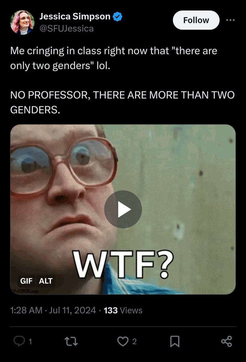 SFUJessica_Pglu's tweet image. Me cringing in class right now that "there are only two genders" lol.
NO PROFESSOR, THERE ARE MORE THAN TWO GENDERS. Whole world cringes at me talking the same old lines on all socials, class cringes at me the 37 year old creeping and talking tampons to teens in class.