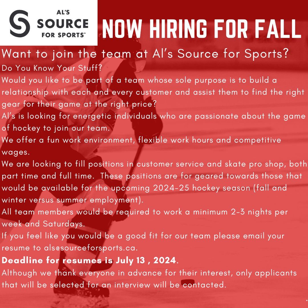 ALSSFS's tweet image. Last call for resumes!  If you want to join our team for next hockey season please email or drop off a resume prior to July 13, 2024.