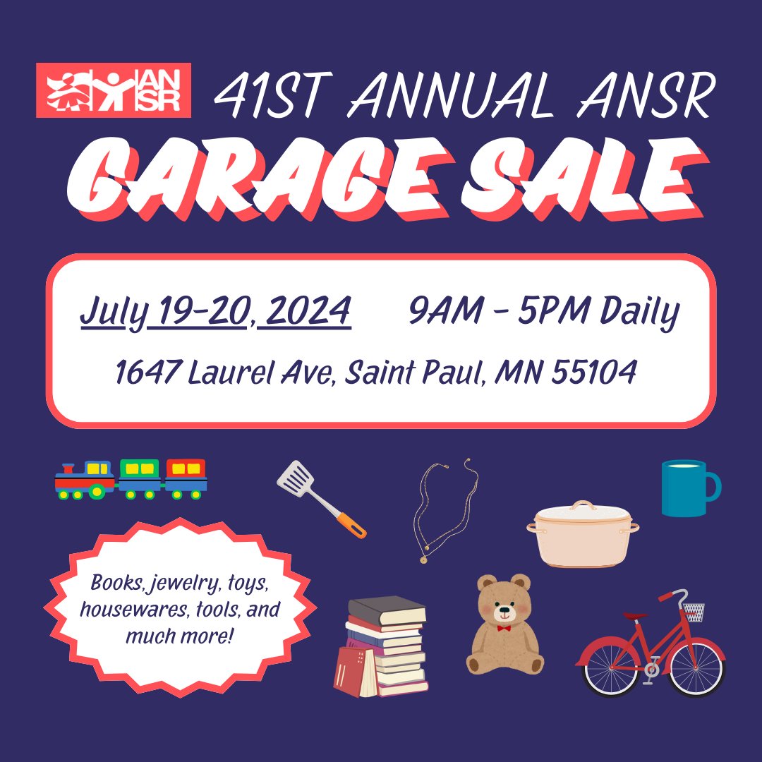 It's finally time for the ANSR Garage Sale! Stop by this weekend to find some new treasures at affordable prices. Every purchase will directly support ANSR's prevention work. See you there!

📆 Fri. July 19 - Sat. July 20
🕒 9AM - 5PM daily
📍1647 Laurel Ave, Saint Paul, MN 55104