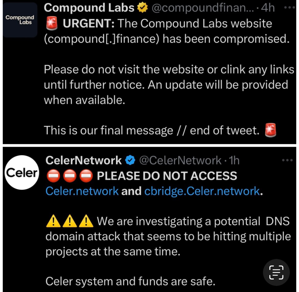 🚨Compound Labs and Celer Network issued warnings within hours of each  other, advising users not to access their websites due to reported cyber  attacks. #Crypto