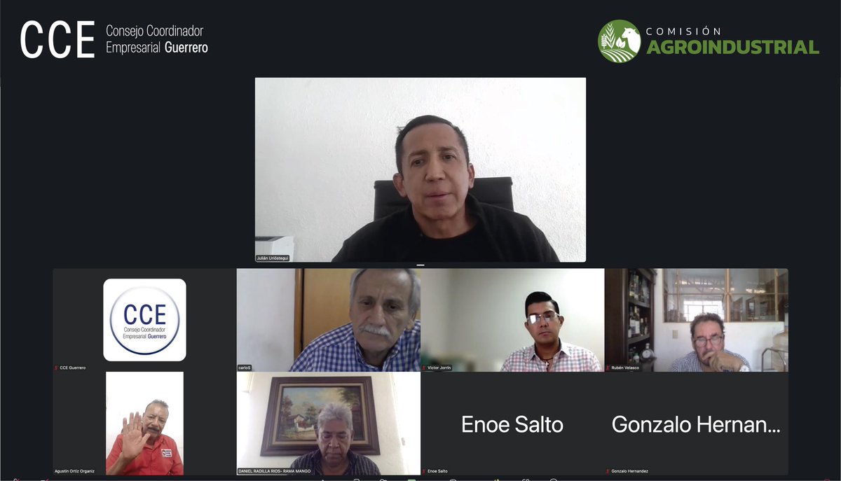 CCEGRO_oficial's tweet photo. Se instaló la COMISIÓN AGROINDUSTRIAL del Consejo Coordinador Empresarial Capitulo Guerrero.

Fue electo como Presidente de esta Comisión, Carlos Renato Hernández Rodríguez.

Presidió la reunión el Presidente del Consejo Coordinador Empresarial Capitulo Guerrero, Julián Urióstegui Carbajal (@Julianuriostegui), y quedó integrada por: 

Rubén Velazco Orihuela, Presidente del Consejo Estatal de Maguey-Mezcal de Guerrero (CEMMEZCAL)

Daniel Radilla Ríos, Presidente del Comité Nacional Sistema Producto Mango (CONASPROMANGO)

Atalo Niño Ramírez, Presidente de la Unión Ganadera Regional de Guerrero

José Luis Daza García, Presidente de la Cámara Nacional de la Industria Maderera (CANAIMA) Guerrero

Ismael Cazares Méndez, Presidente de la Cámara Nacional de la Industria Forestal (CNIF) Guerrero

Agustín Ortiz Organis, Presidente de la Asociación de Productores y Comercializadores del Café de Guerrero A.C.

Noé Galeana Cadena (@presidentecomce), Presidente del Consejo Empresarial Mexicano de Comercio Exterior, Inversión y Tecnología (COMCE) Guerrero (@ComceGRO)

Víctor Hugo García Barroso(@VictorB26174) Vicepresidente del CCE Gro.

Víctor Jorrin Arizmendi (@victorjorrin), Consejero del CCE Gro

Enoe Salto Cortez (@ensalc), Presidenta de la Organización de Productores de Aguacate de la Sierra de Guerrero.

Se acordó actualizar la agenda del Sector Agroindustrial de Guerrero y notificar al Consejo Nacional Agropecuario (CNA) la también elección de Carlos Renato Hernández Rodríguez como nuevo Presidente del Consejo Agroempresarial de Guerrero (CONAGRO).