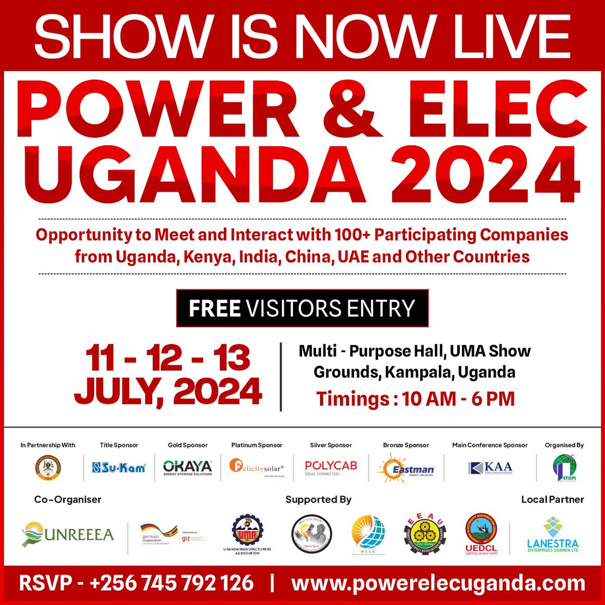 unreeea's tweet photo. 🔥DAY 1: Power &amp; Elec International Expo 2024. 
 
Visit us at UMA Show Grounds from 10:00am to 6:00 pm EAT and discover new trends in power, energy, electricals, lighting, renewables from 100+ international and local companies

#powerandelec2024 https://t.co/ZyMX3T6MQ4