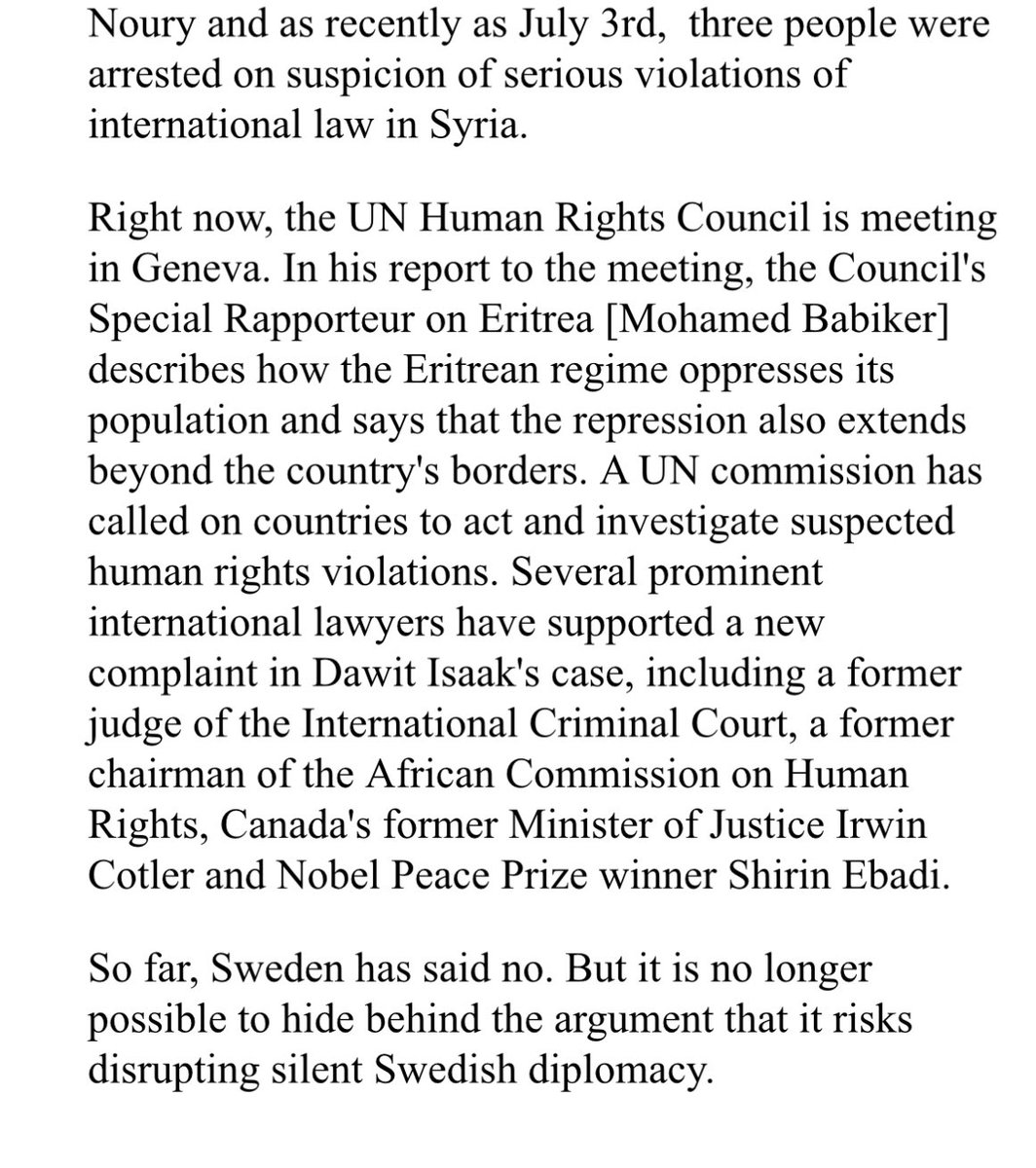 bergersus's tweet photo. In today’s DN, ⁦@Tunback⁩ calls on Sweden to open a criminal investigation of the Eritrean regime for crimes against humanity committed against 🇸🇪journalist #DawitIsaak who has been imprisoned in Eritrea for 22 years without charge or trial. Here the English transl. https://t.co/bDJyJNDd8t